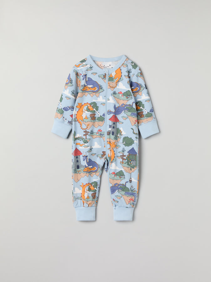 Dragon Print Baby Sleepsuit from the Polarn O. Pyret baby collection. Clothes made using sustainably sourced materials.