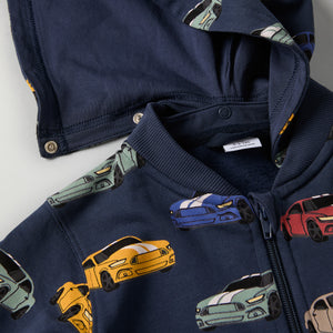 Car Print Kids Hoodie from Polarn O. Pyret kidswear. Nordic kids clothes made from sustainable sources.