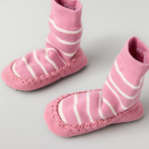 Pink Striped Kids Moccasins from Polarn O. Pyret kidswear. Clothes made using sustainably sourced materials.