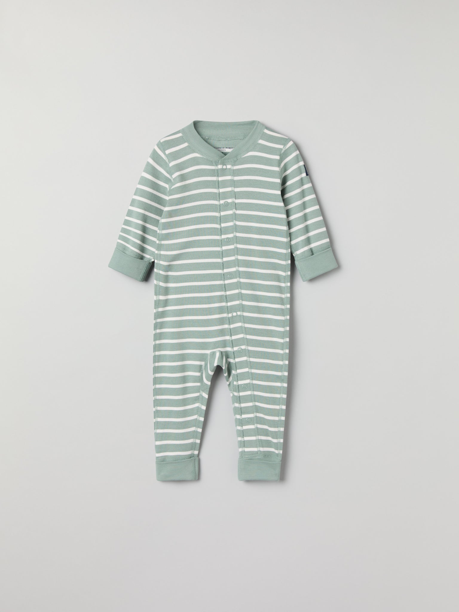 Green Striped Baby Romper from the Polarn O. Pyret baby collection. Clothes made using sustainably sourced materials.