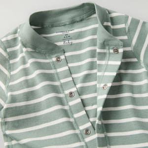 Green Striped Baby Romper from the Polarn O. Pyret baby collection. Clothes made using sustainably sourced materials.