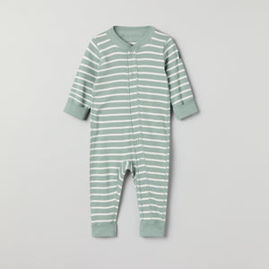 Green Striped Baby Romper from the Polarn O. Pyret baby collection. Clothes made using sustainably sourced materials.