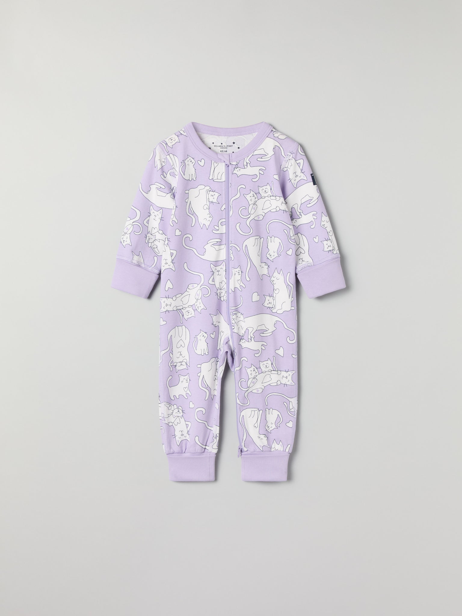 Cat Print Baby Sleepsuit from the Polarn O. Pyret baby collection. Nordic kids clothes made from sustainable sources.