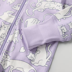 Cat Print Baby Sleepsuit from the Polarn O. Pyret baby collection. Nordic kids clothes made from sustainable sources.