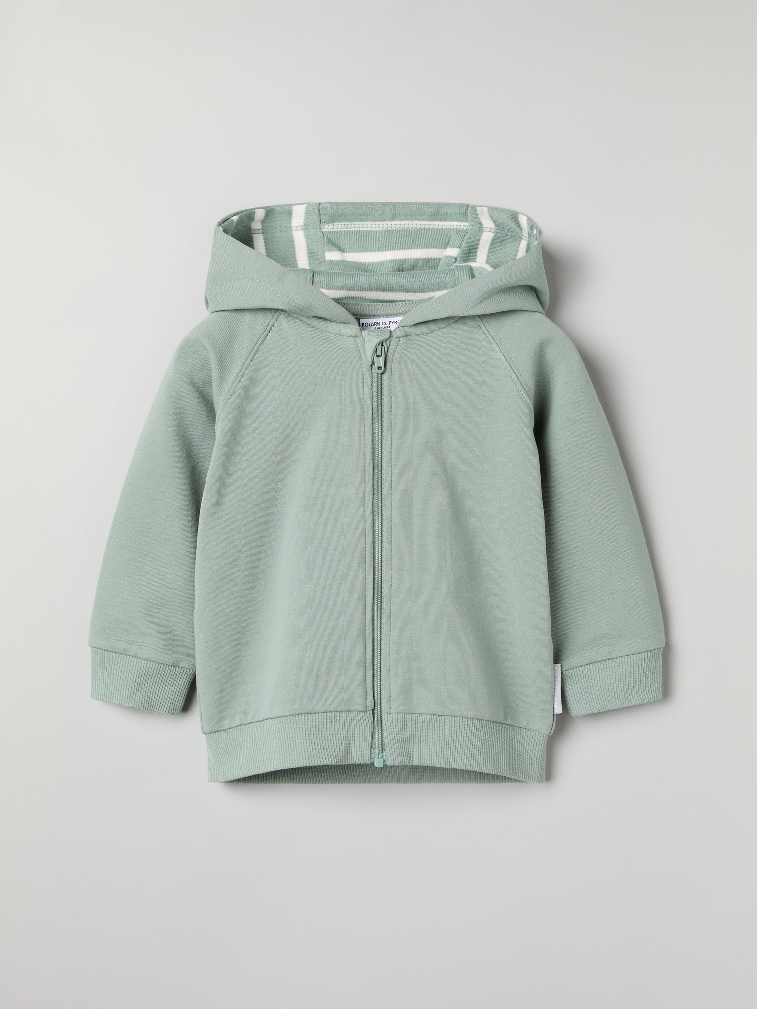 Green Baby Hoodie from the Polarn O. Pyret baby collection. Clothes made using sustainably sourced materials.