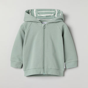 Green Baby Hoodie from the Polarn O. Pyret baby collection. Clothes made using sustainably sourced materials.