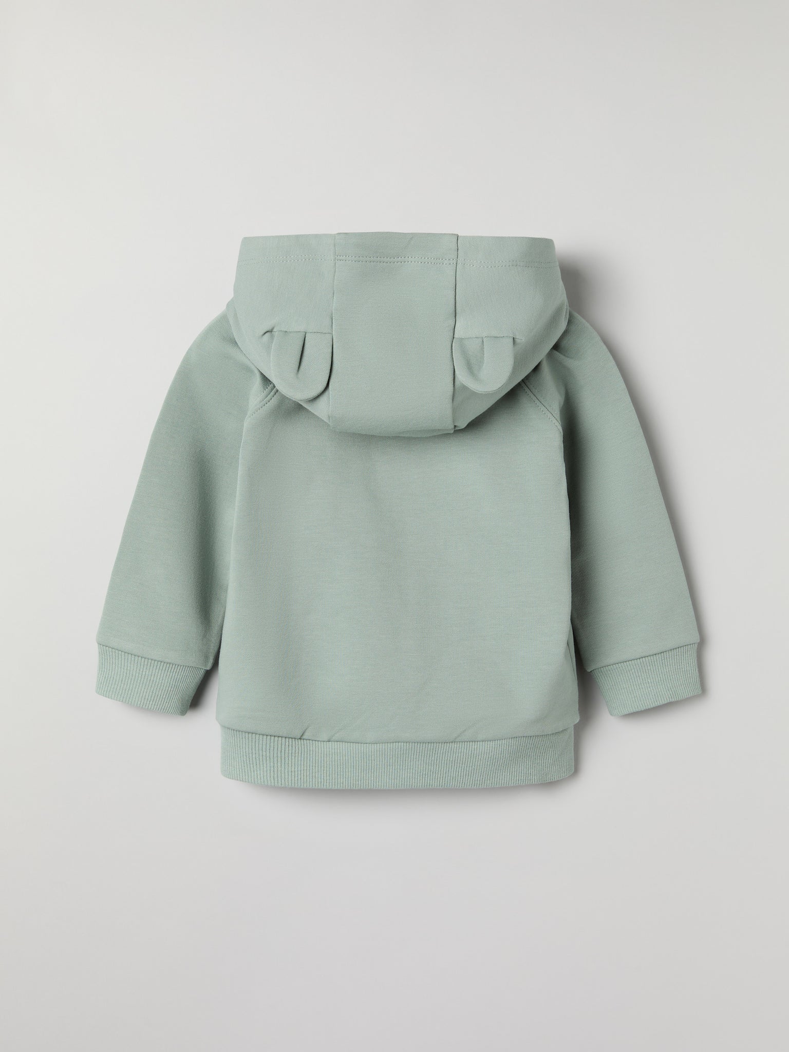 Green Baby Hoodie from the Polarn O. Pyret baby collection. Clothes made using sustainably sourced materials.