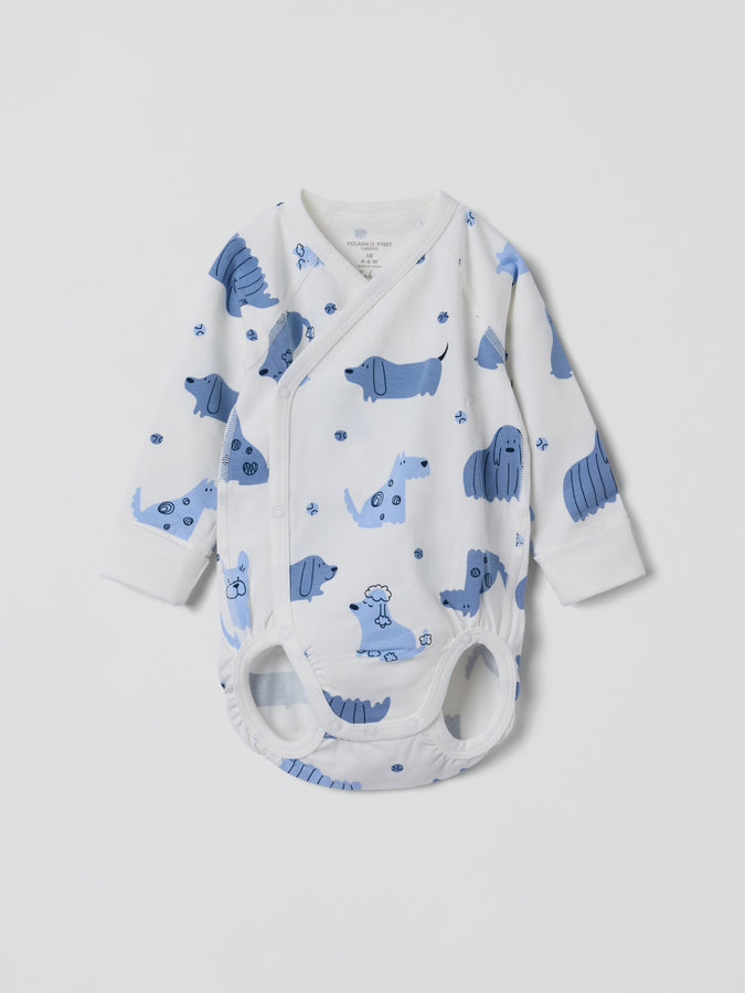 Dog Print Wraparound Babygrow from the Polarn O. Pyret baby collection. Clothes made using sustainably sourced materials.