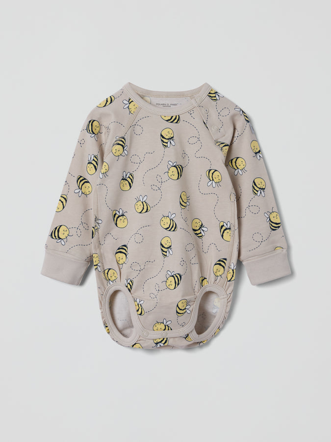 Bee Print Babygrow from the Polarn O. Pyret baby collection. Nordic kids clothes made from sustainable sources.