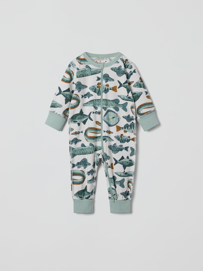 Fish Print Baby Sleepsuit from Polarn O. Pyret kidswear. Clothes made using sustainably sourced materials.