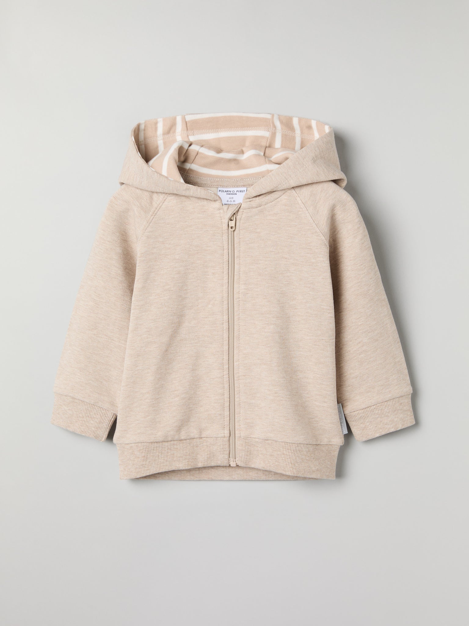 Beige Baby Hoodie from the Polarn O. Pyret baby collection. Nordic kids clothes made from sustainable sources.