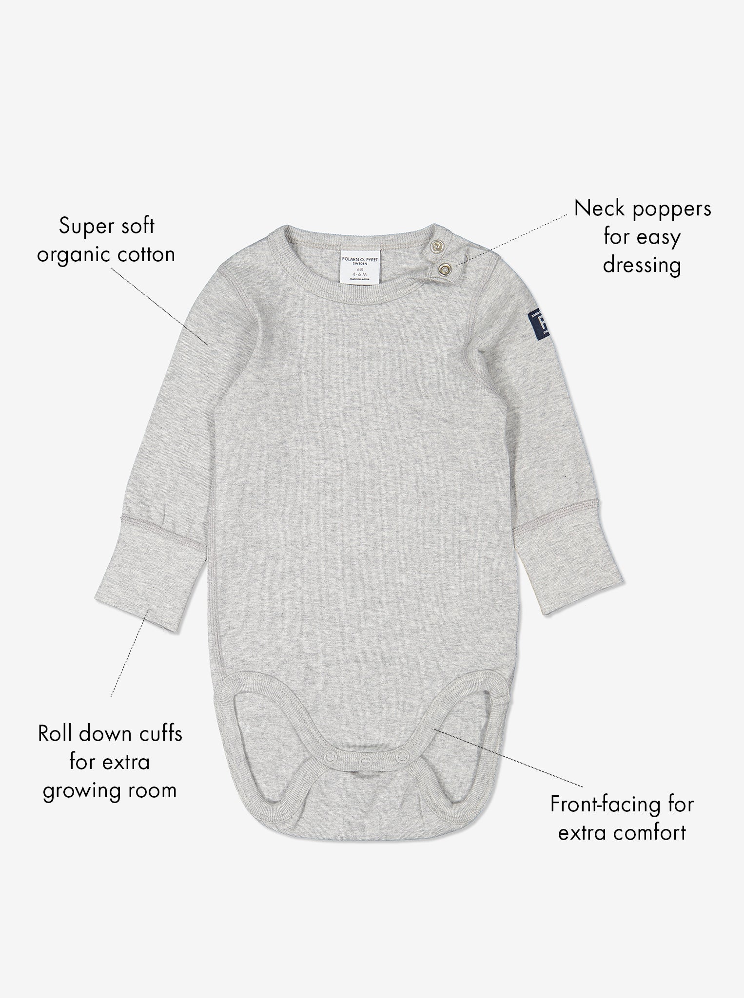 children's grey babygrow, ethical quality, polarn o. pyret organic cotton  unique feature infographic