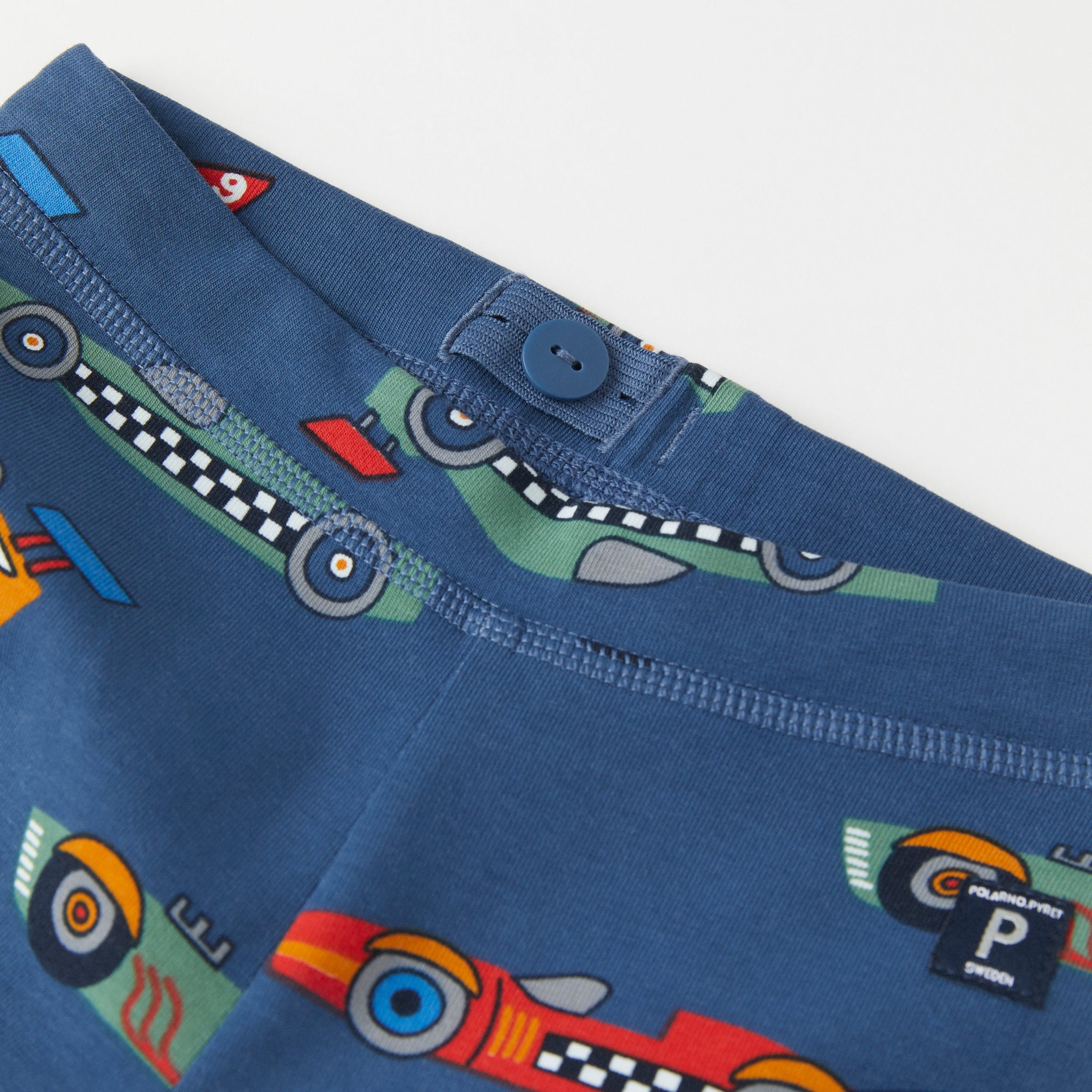 Organic Cotton Car Print Kids Leggings from the Polarn O. Pyret Kidswear collection. Clothes made using sustainably sourced materials.