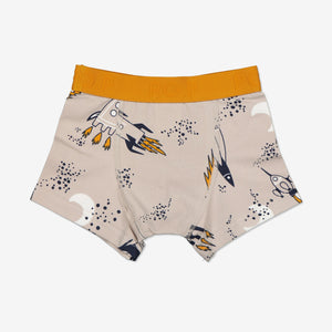 Beige Rocket Print Boys Boxer Shorts from the Polarn O. Pyret Kidswear collection. Nordic kids clothes made from sustainable sources.