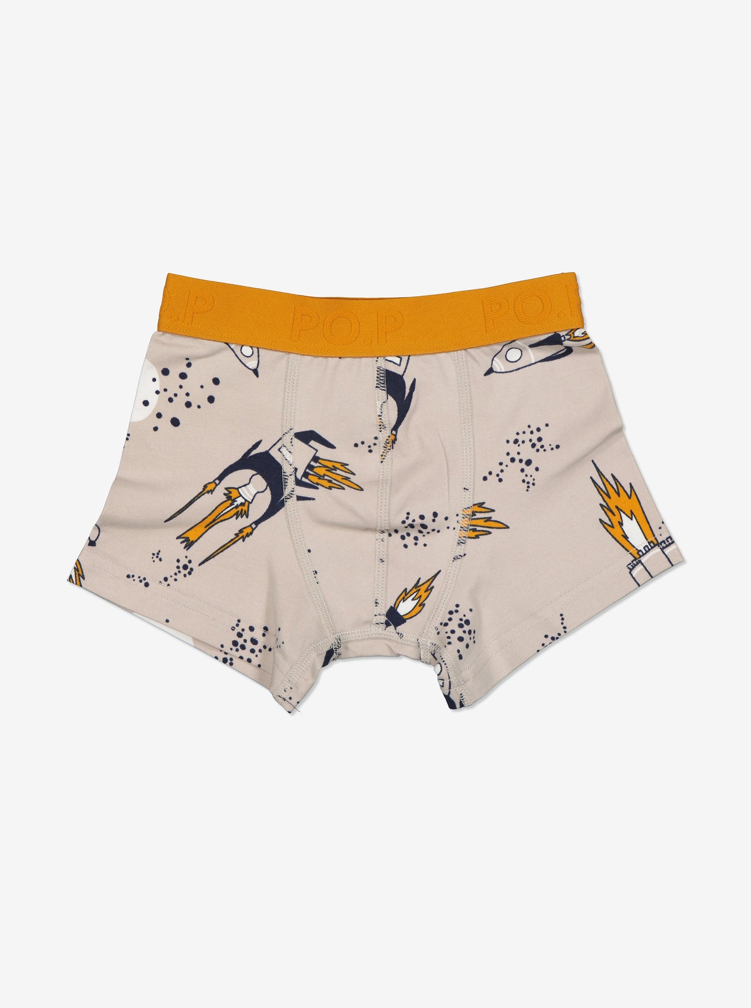 Beige Rocket Print Boys Boxer Shorts from the Polarn O. Pyret Kidswear collection. Nordic kids clothes made from sustainable sources.